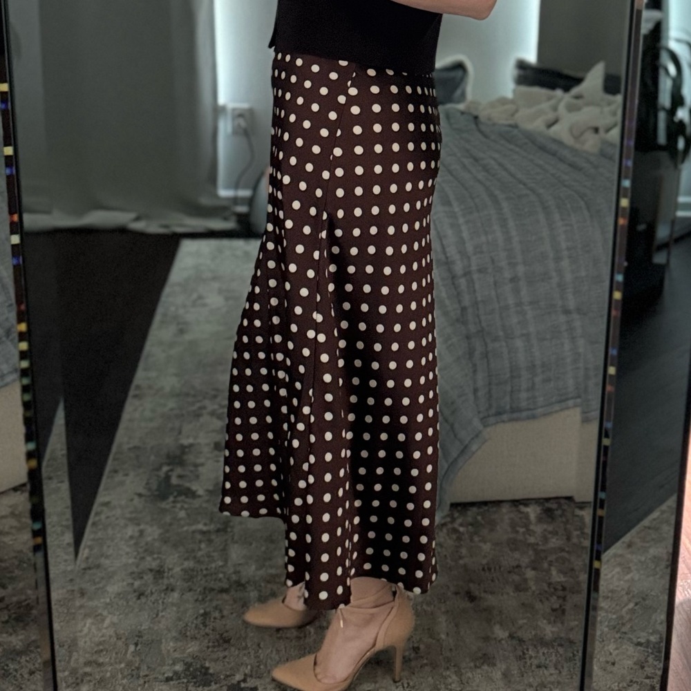 Fall Old Money Style Women's Chocolate Brown / White Polka Dot Satin Long Skirt - Picture 7 of 11